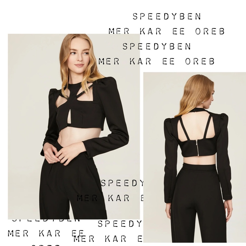 PATBO Asterisk Cropped Cutout Long Sleeve Black Top Size 6